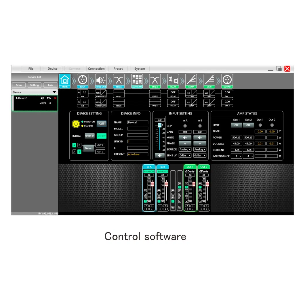 1000W Class D Ma Series Mixer Amplifier with Audio Sources Compact Mixer Power Amplifier with Dante and DSP