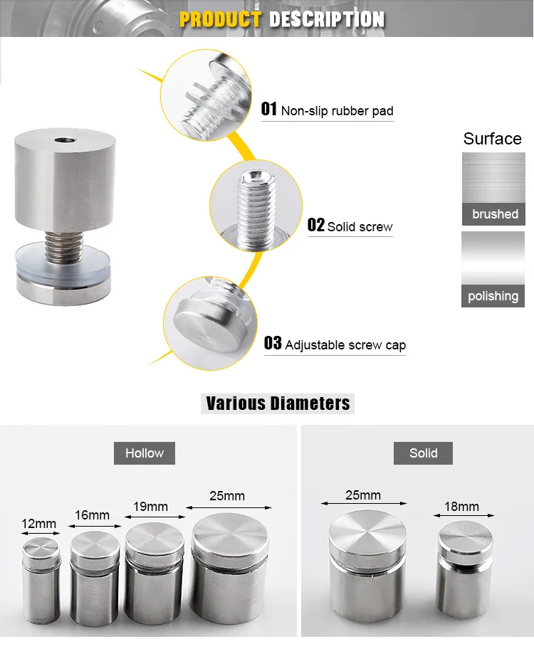 201 Stainless Steel 12mm Hollow Glass Sign Holder Fittings Screw Standoff
