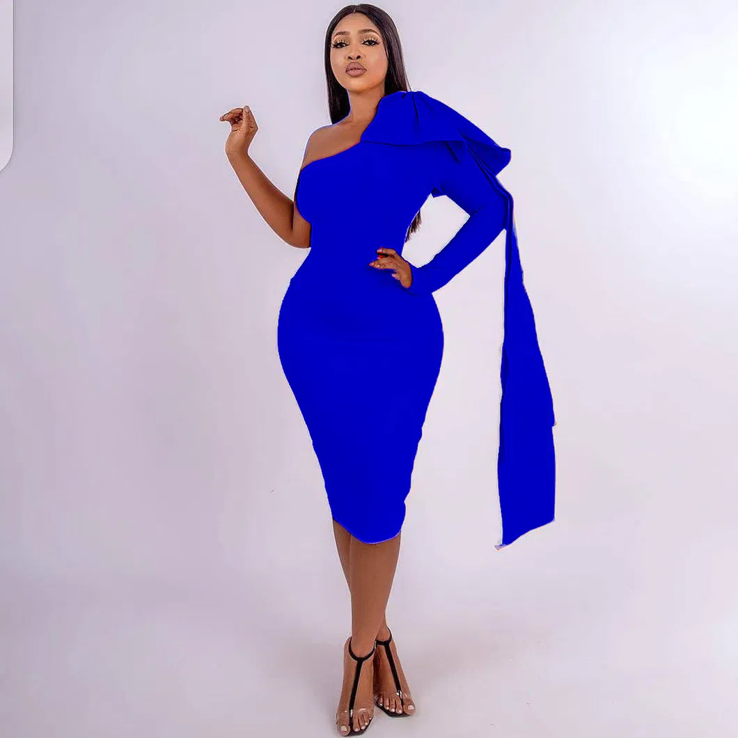 2021 Guangzhou New Design Solid Color Slash Neck Ruffles Woman Dresses