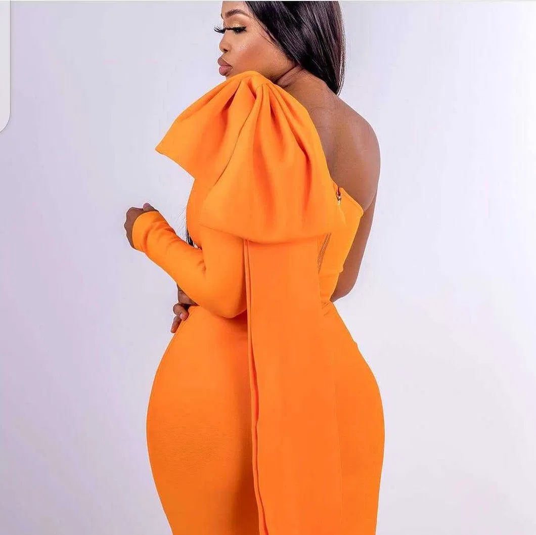 2021 Guangzhou New Design Solid Color Slash Neck Ruffles Woman Dresses