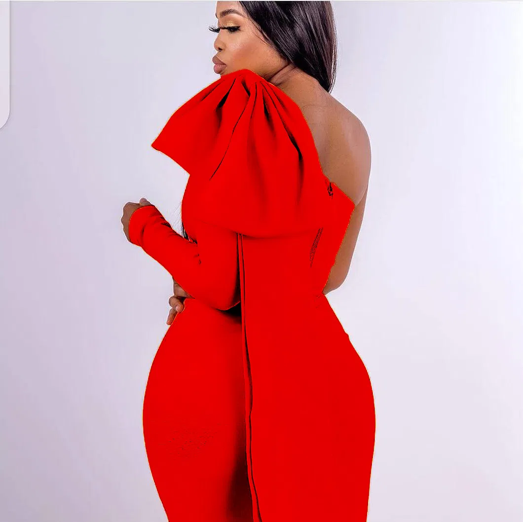 2021 Guangzhou New Design Solid Color Slash Neck Ruffles Woman Dresses