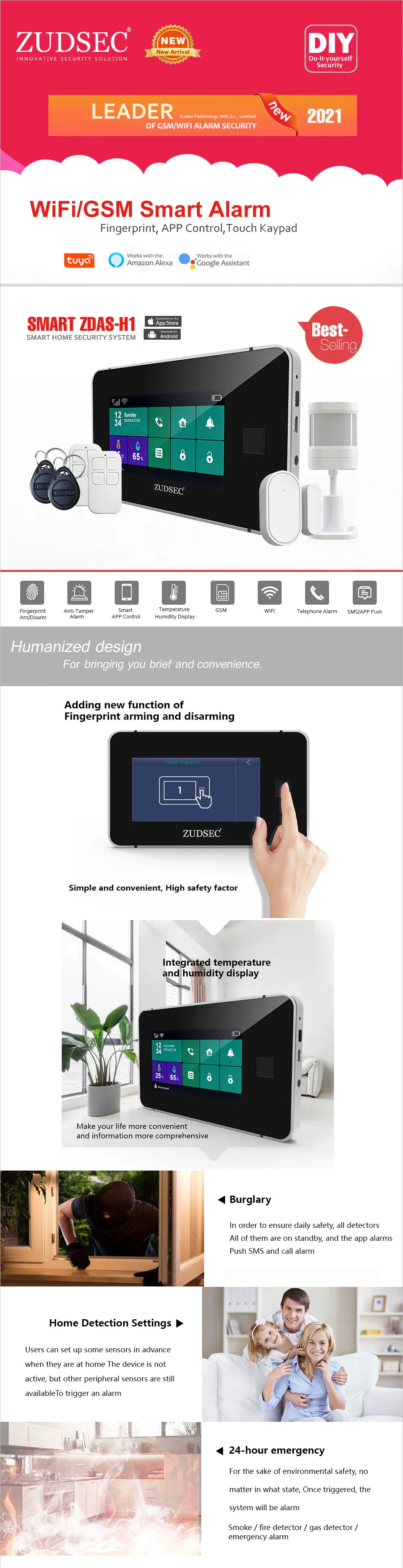 2021 Newest Fingerprint Smart Anti-Thief Intruder WiFi/GSM Burglar Wireless Home Security Alarm System with IP Camera