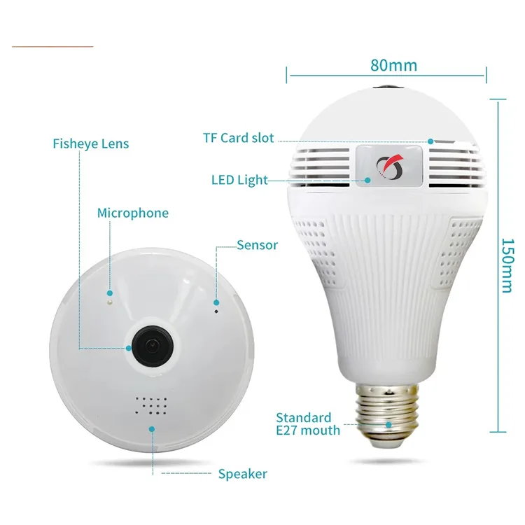 360 Degree Panoramic Onvif H. 265 1080P HD WiFi Bulb Camera WiFi Adjustable Bulb Camera