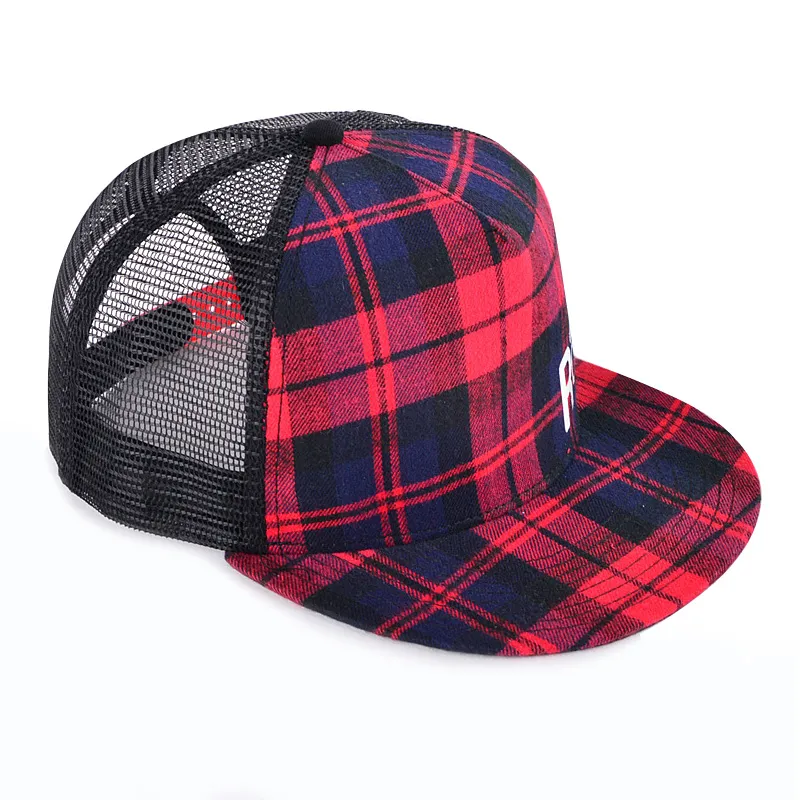 5 Panel Fashion Custom Checked Front Flat Brim Trucker Cap Embroidery Logo