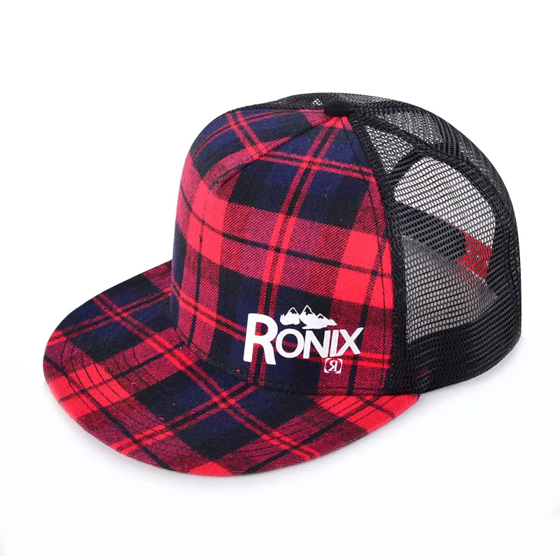 5 Panel Fashion Custom Checked Front Flat Brim Trucker Cap Embroidery Logo