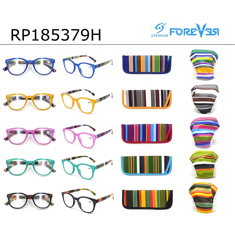 Fashion Matching Sale PC Frame Stripe Pattern Temple Reading Glasses with Glasses Pouch and Shield