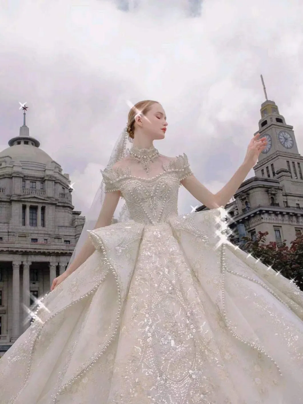 Heavy Beading Crystals Arabic Dubai Bridal Ball Gowns Dots Tulle Lace Wedding Dresses >10kg