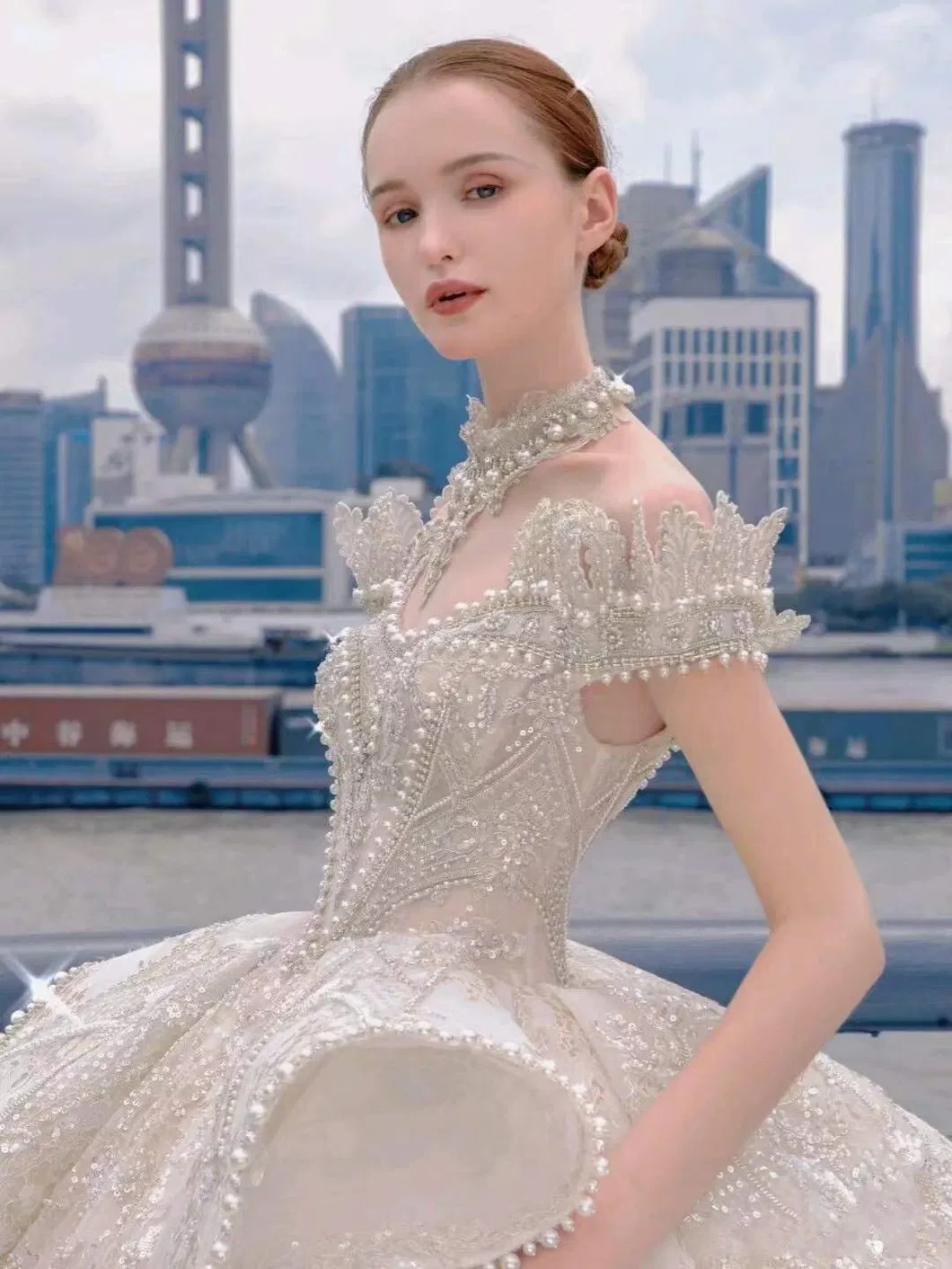 Heavy Beading Crystals Arabic Dubai Bridal Ball Gowns Dots Tulle Lace Wedding Dresses >10kg