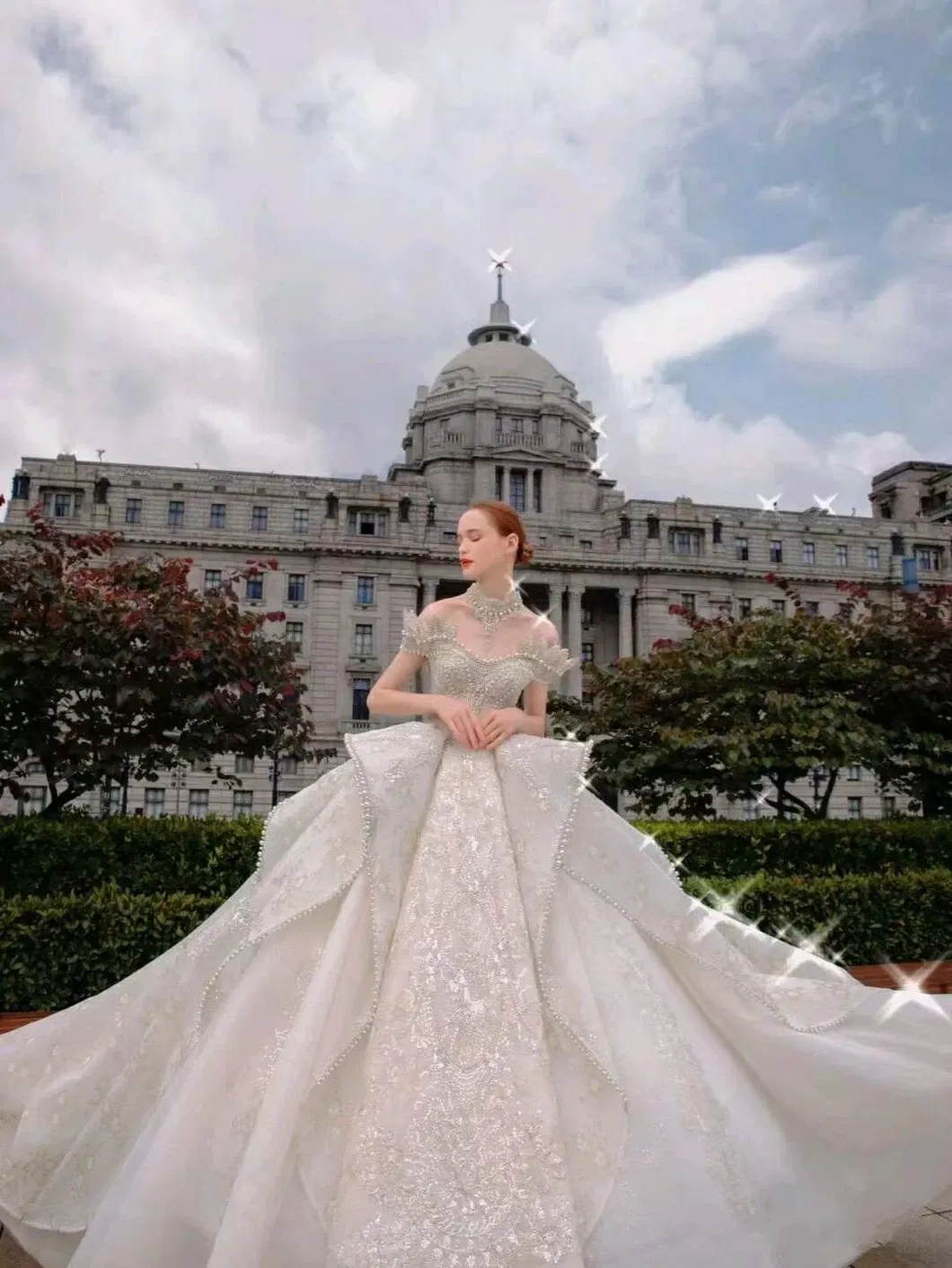 Heavy Beading Crystals Arabic Dubai Bridal Ball Gowns Dots Tulle Lace Wedding Dresses >10kg