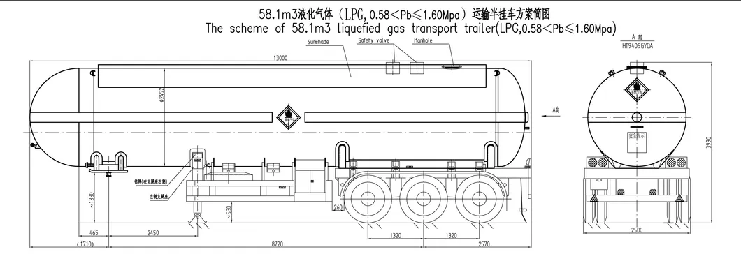 LPG Tank Truck 3 Axles 27ton LPG Tank Trailer (58.1m3 58100 liters Liquefied Petroleum Gas Propane, Isobutane)