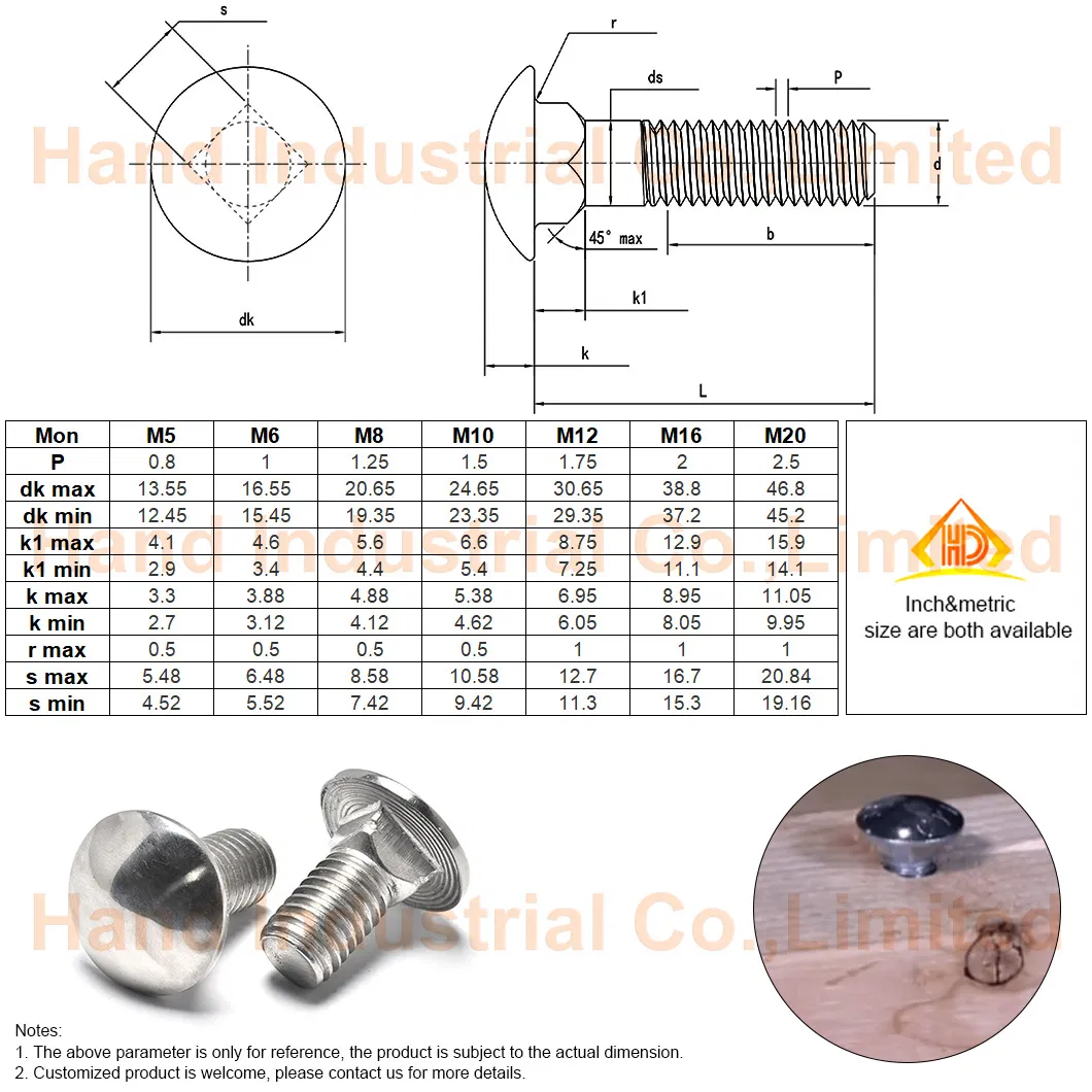 M6 M8 Coach Bolt 18-8 Stainless Steel DIN603 A2 M10 Mushroom Head Square Neck Carriage Bolt