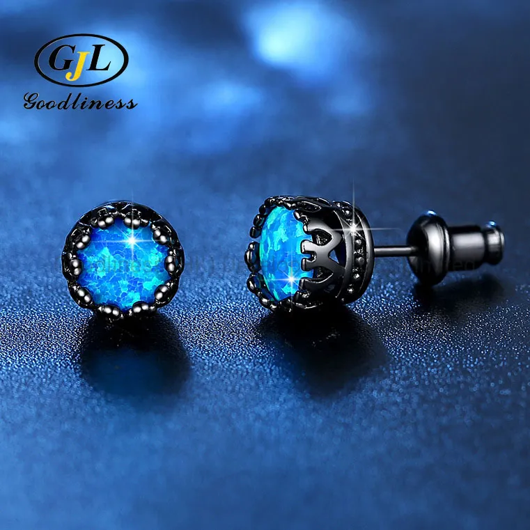 Opal Round Treasure Crown Earrings Ebay Foreign Trade Creative Cross-Border Black Gold Earrings