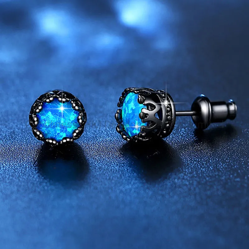 Opal Round Treasure Crown Earrings Ebay Foreign Trade Creative Cross-Border Black Gold Earrings