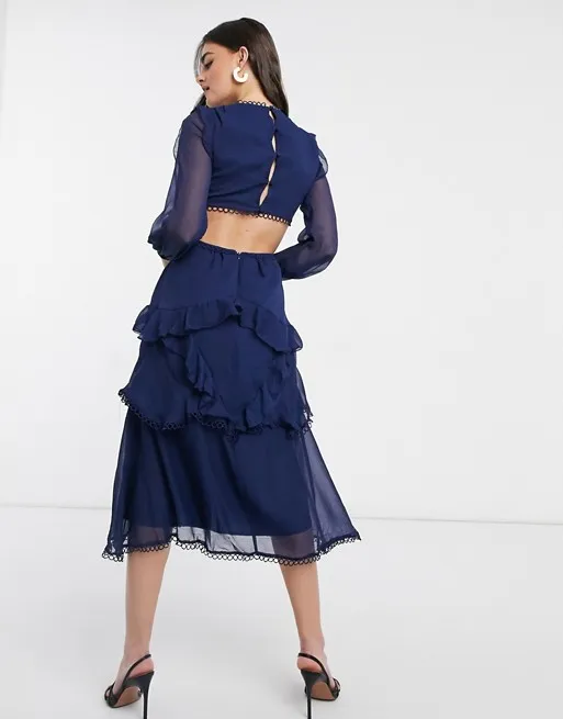 Ruffle Bottom Chiffon Open Back V Watist Sexy Party Fashion Long Sleeve and Circle Trim MIDI Dress