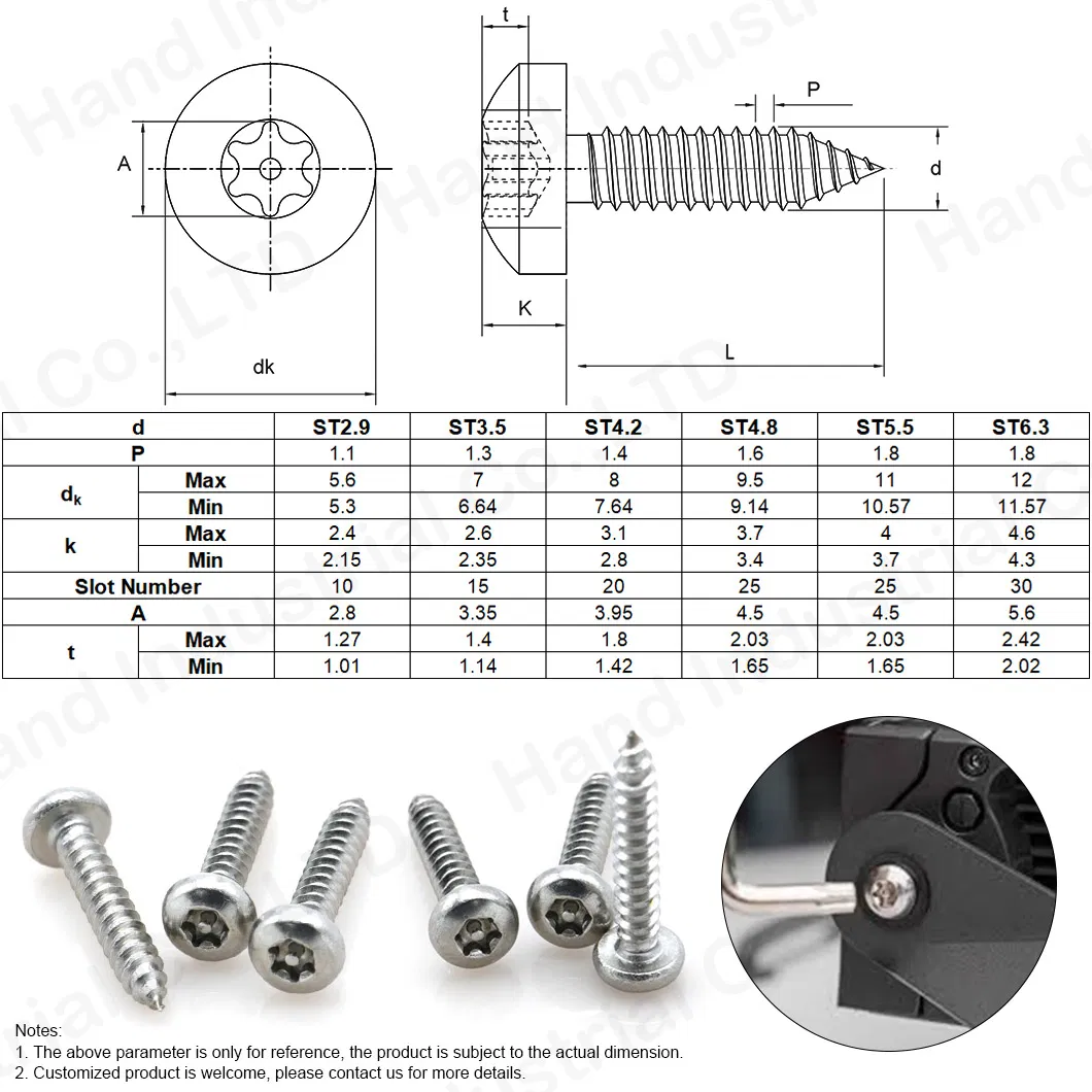 Security Screw 18-8 Inox Stainless Steel Pan Head St4.2 Torx Pin Self Tapping Screw