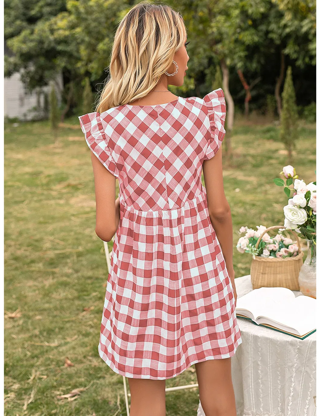 Shangyan Womens Gingham Check V Neck Sleeveless A Line Mini Tank Dresses