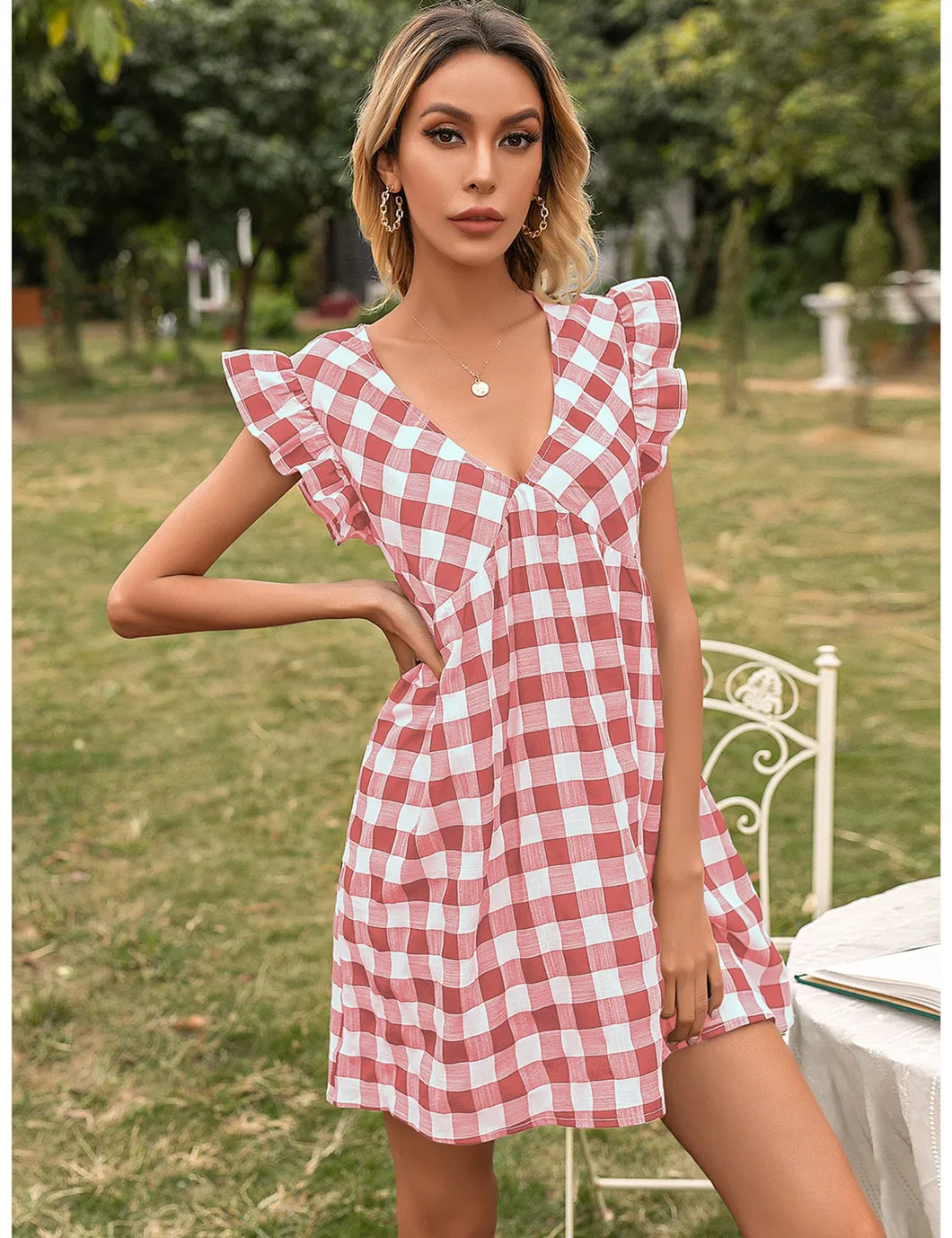 Shangyan Womens Gingham Check V Neck Sleeveless A Line Mini Tank Dresses