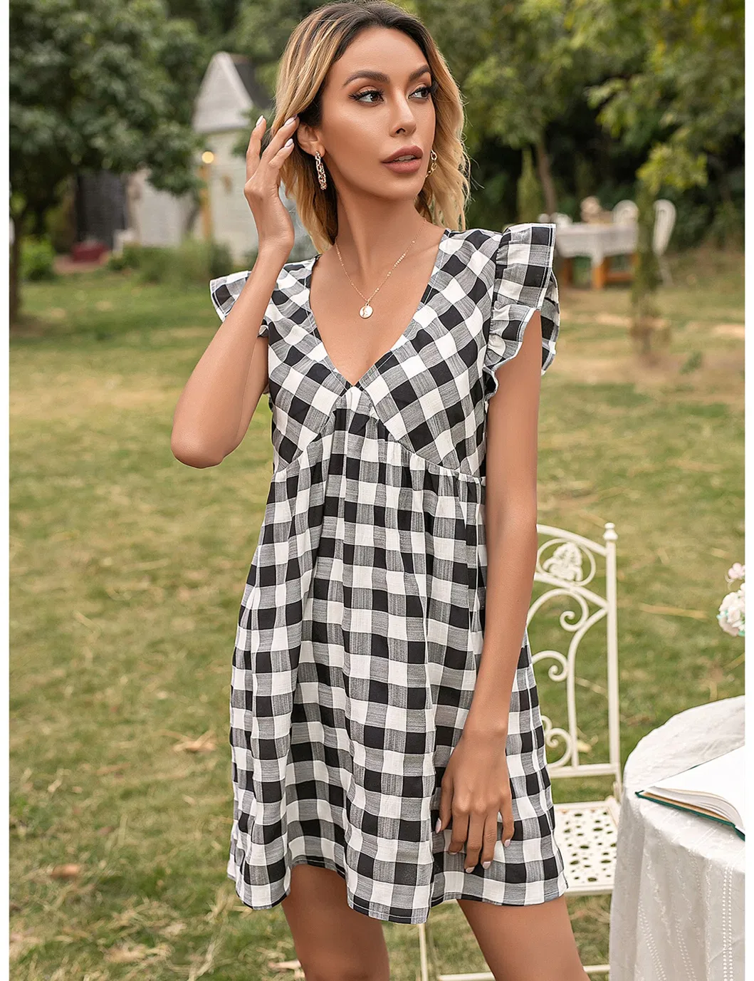 Shangyan Womens Gingham Check V Neck Sleeveless A Line Mini Tank Dresses