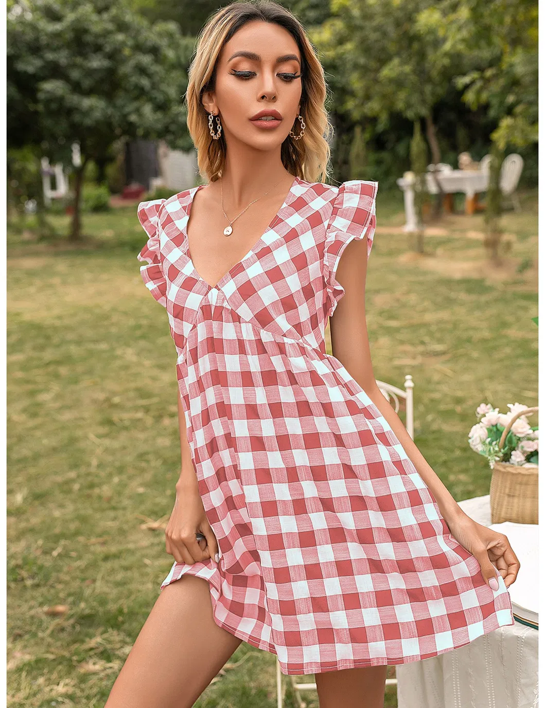 Shangyan Womens Gingham Check V Neck Sleeveless A Line Mini Tank Dresses