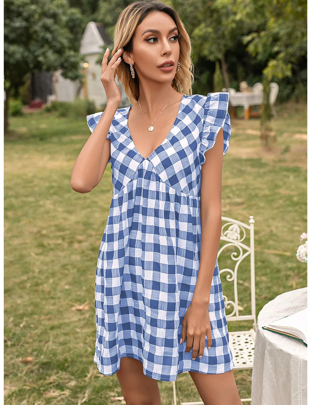 Shangyan Womens Gingham Check V Neck Sleeveless A Line Mini Tank Dresses
