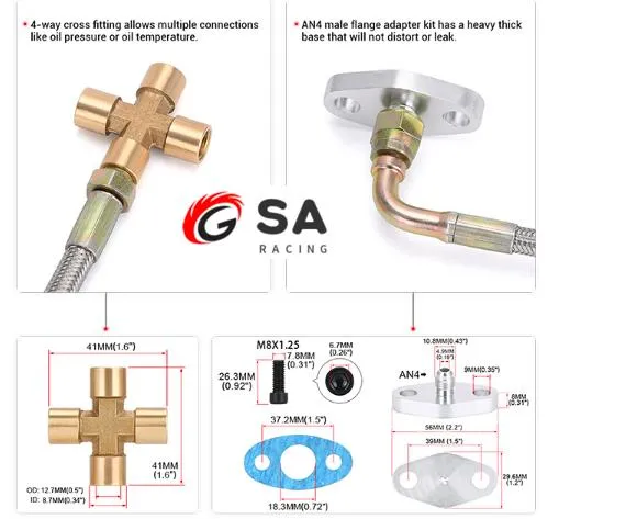 Turbo Oil Feed Line 90 Degree An4 4an Female to Straight 1/8 NPT Male W/ An4 Flange Adapter Gasket Kit Cross Fitting for T3 T4 T04e T60 T61 Turbos