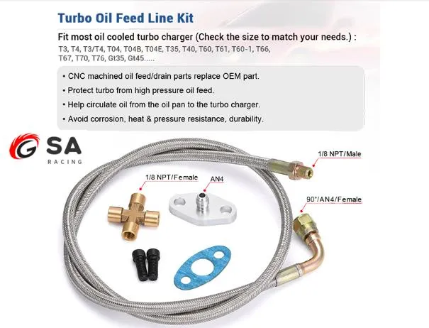 Turbo Oil Feed Line 90 Degree An4 4an Female to Straight 1/8 NPT Male W/ An4 Flange Adapter Gasket Kit Cross Fitting for T3 T4 T04e T60 T61 Turbos