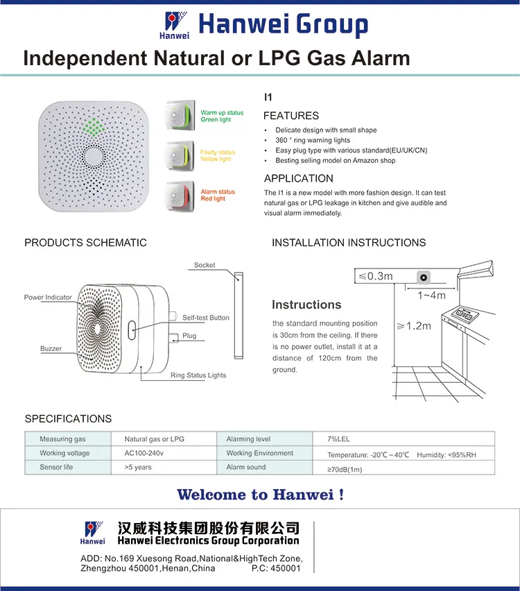 WiFi Smart Combustible Gas Alarm with Self-Examination Button and Ring Warning Light Design