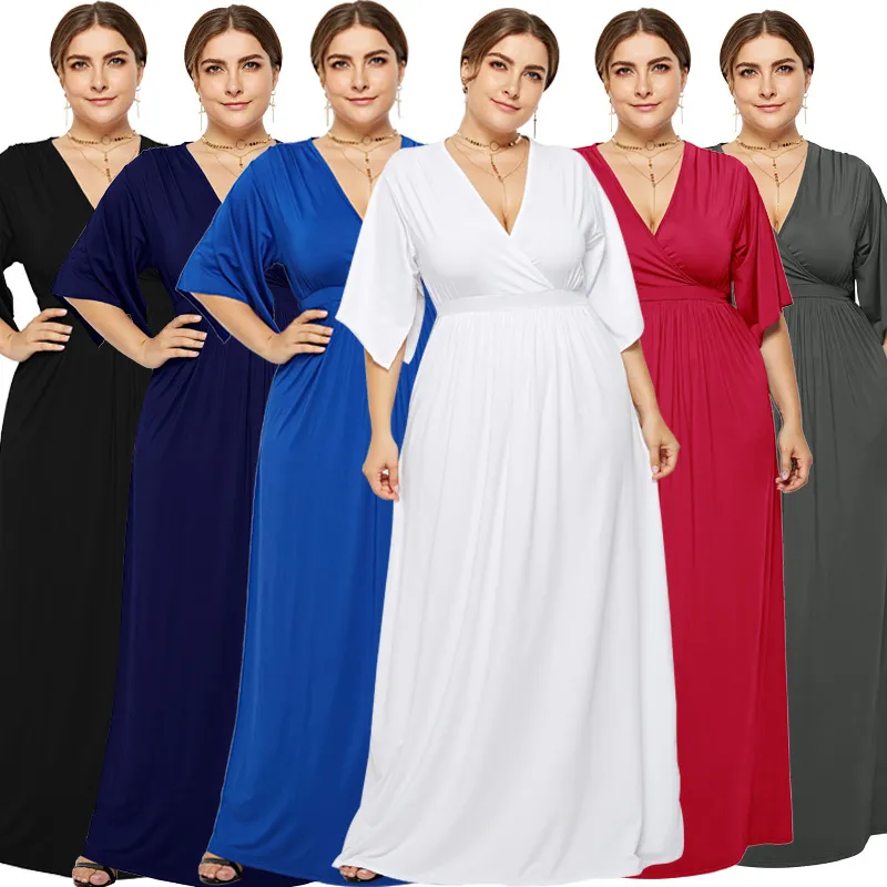 Women Plus Size Dress Pure Color V-Neck Dress Middle Sleeve Muslim Dress in Stock Ropa Mujer