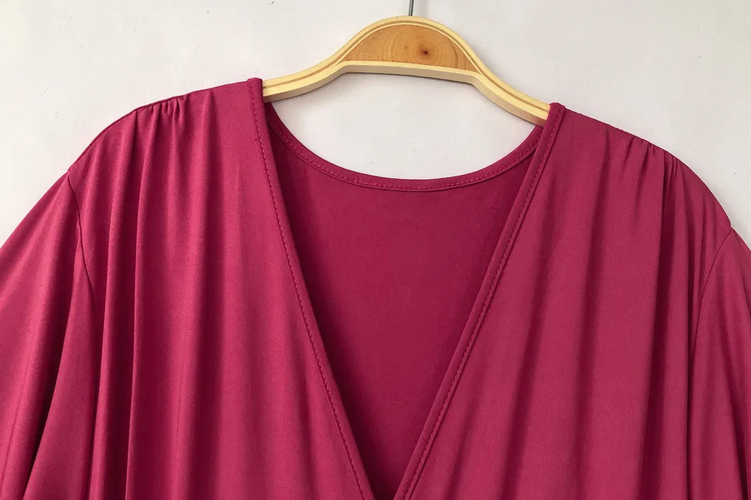 Women Plus Size Dress Pure Color V-Neck Dress Middle Sleeve Muslim Dress in Stock Ropa Mujer